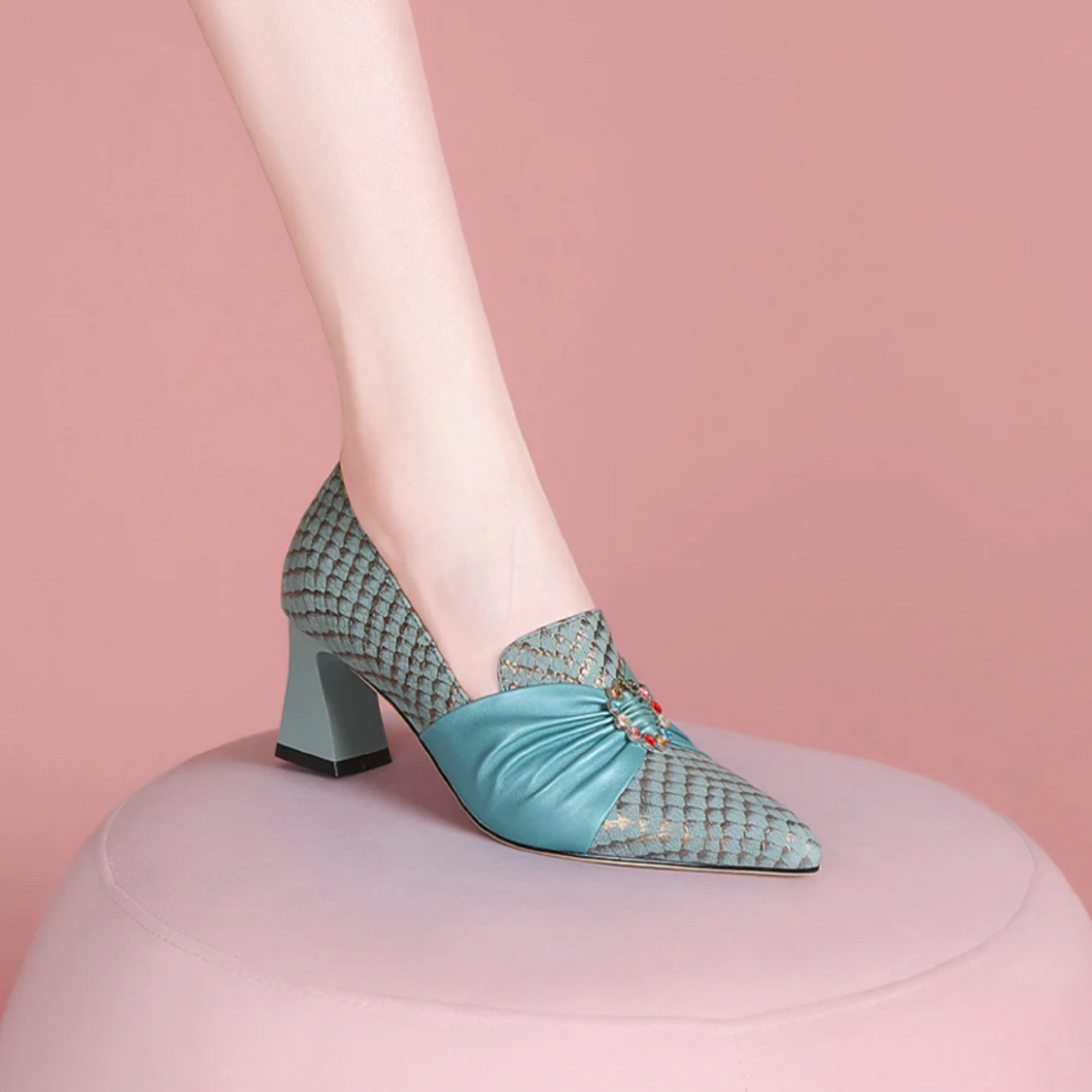 Zapatos de Vestir en Cuero Genuino con Tacón Elegante para Mujer – Estilo Francés Aqua