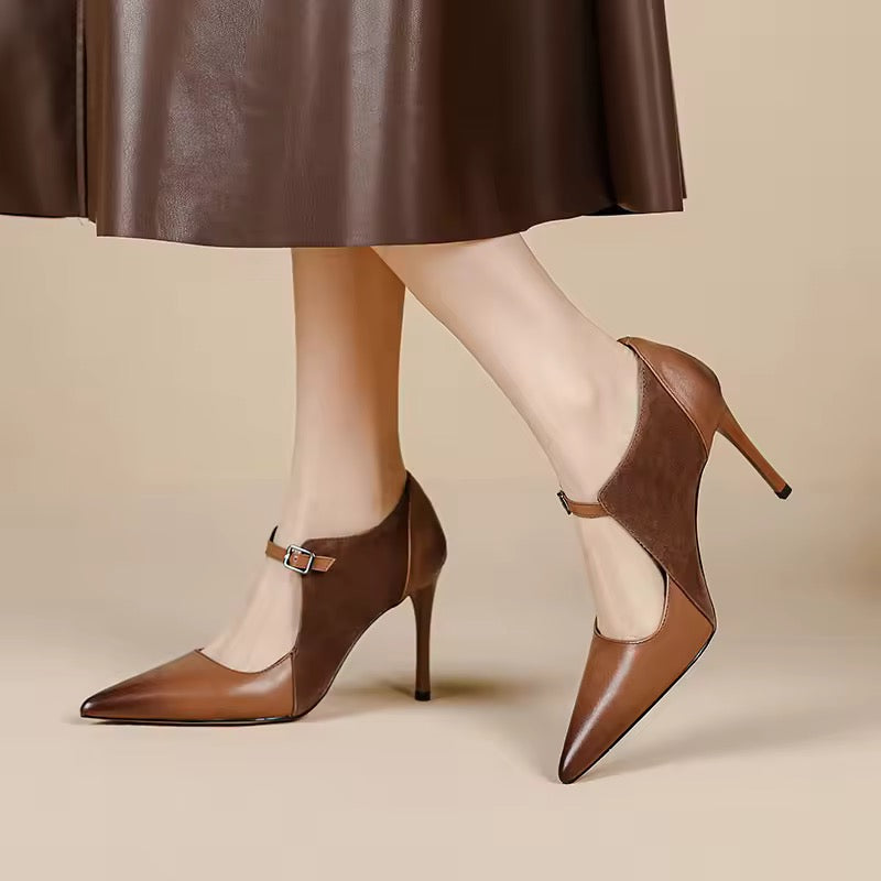 Zapato de Tacón Alto Mujer – Cuero y Gamuza Marrón con Correa Elegante