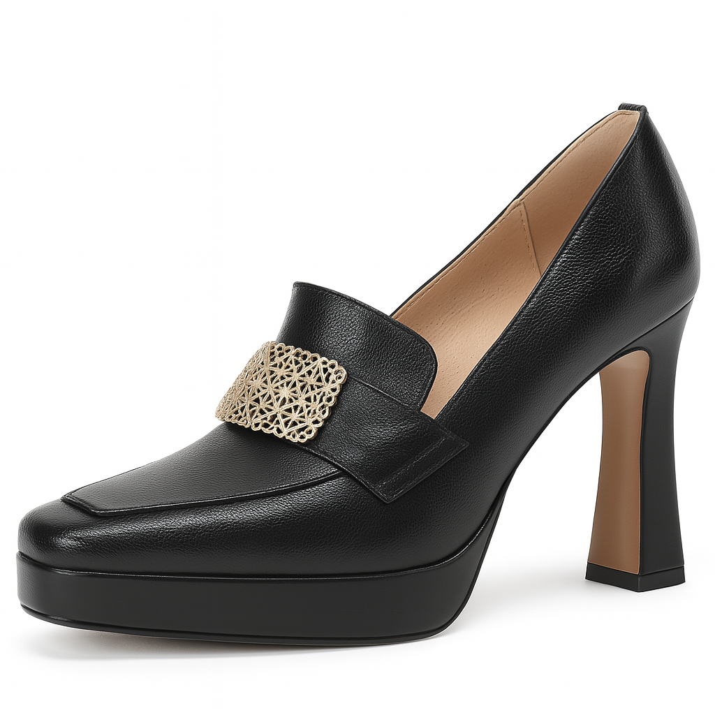 Zapato de Tacón Mujer – Cuero Negro con Hebilla Dorada | Plataforma Elegante