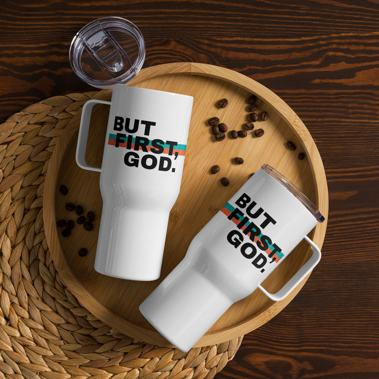 Termo Cristiano con Asa – But First, God.