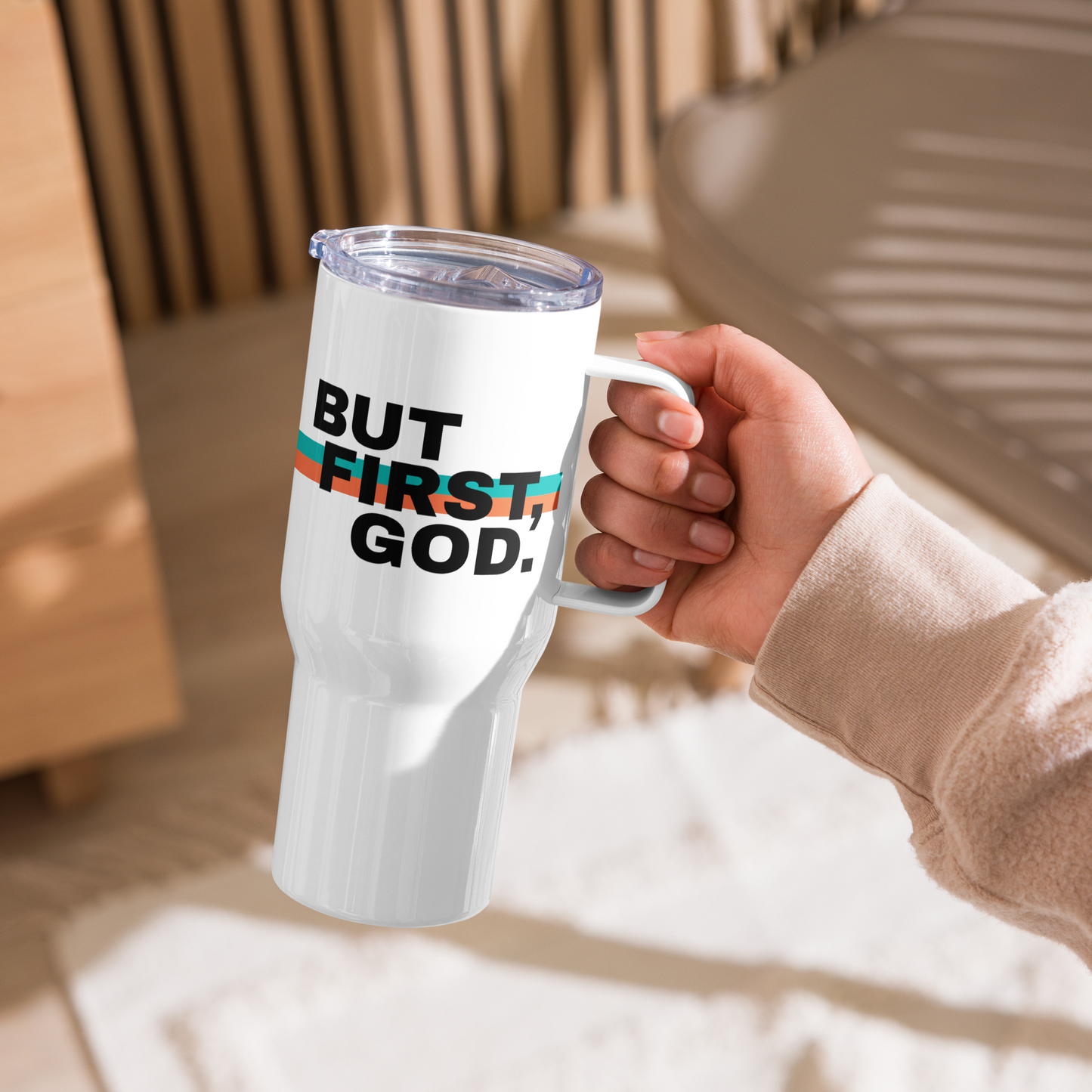 Termo Cristiano con Asa – But First, God.