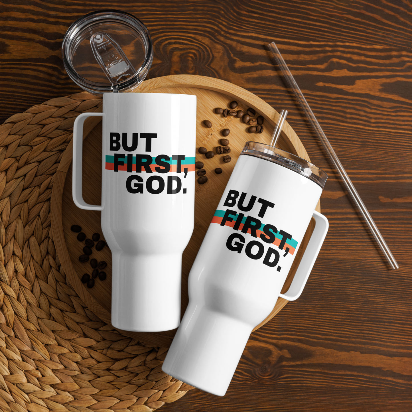 Termo Cristiano con Asa – But First, God.