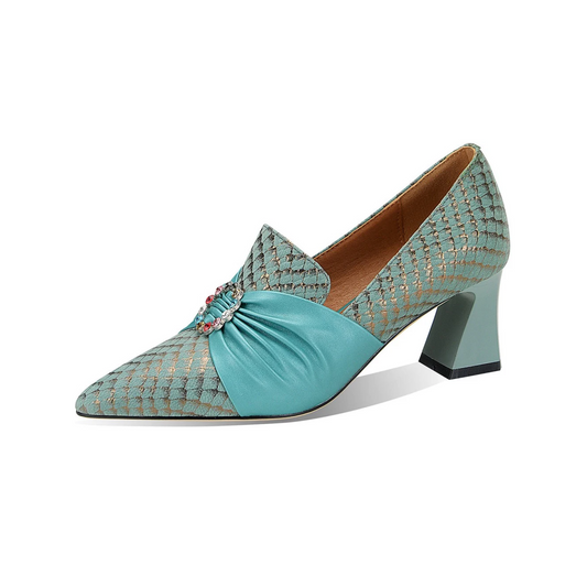 Zapatos de Vestir en Cuero Genuino con Tacón Elegante para Mujer – Estilo Francés Aqua