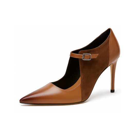 Zapato de Tacón Alto Mujer – Cuero y Gamuza Marrón con Correa Elegante