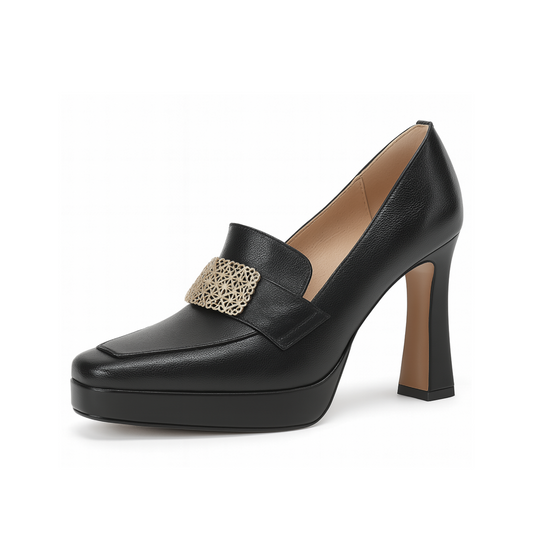 Zapato de Tacón Mujer – Cuero Negro con Hebilla Dorada | Plataforma Elegante