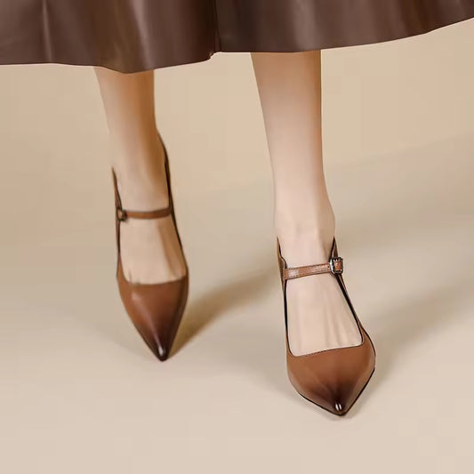 Zapato de Tacón Alto Mujer – Cuero y Gamuza Marrón con Correa Elegante